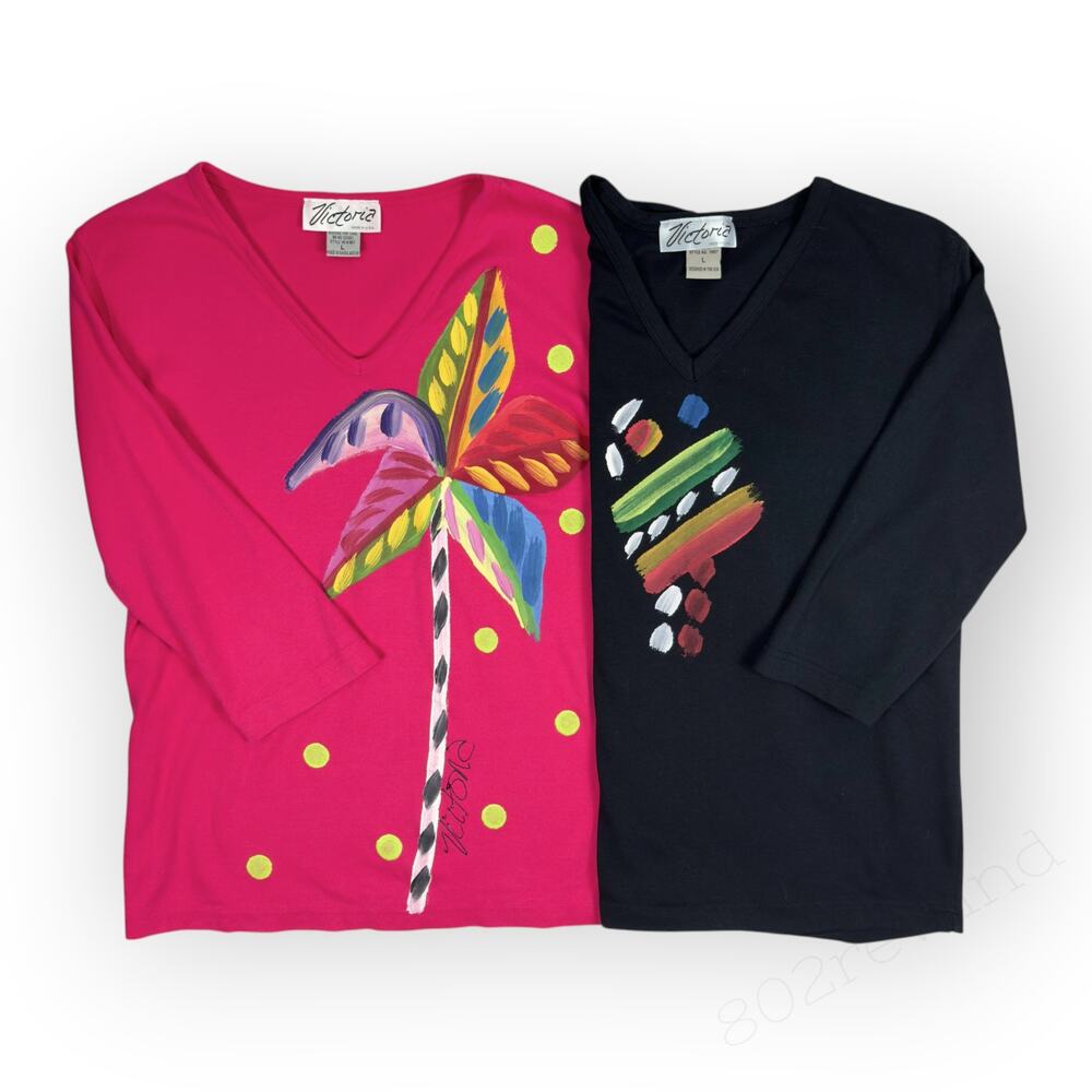 Bundle 2 Vintage Victoria Hand-Painted 3/4-Sleeve V-Neck Cotton Travel 80s Large